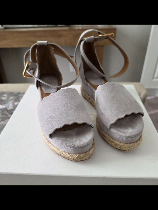 Chloe Shoes - Chloe Women’s Scalloped Espadrille Wedge Sandals in Elephant Gray